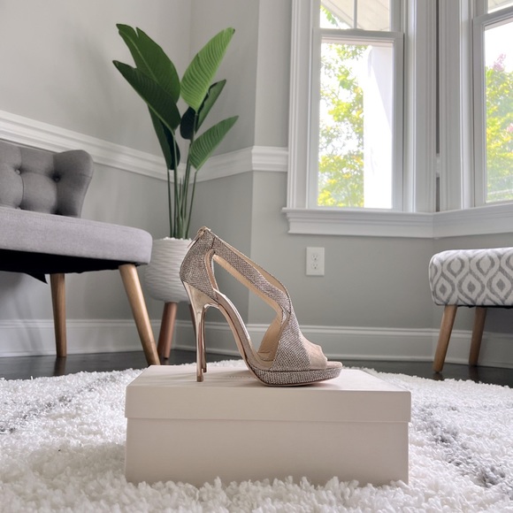 JIMMY CHOO Vision 120 Macaroon & Sand Lamé  Glitter Metallic Nappa Sandals 36💕 - Picture 3 of 8